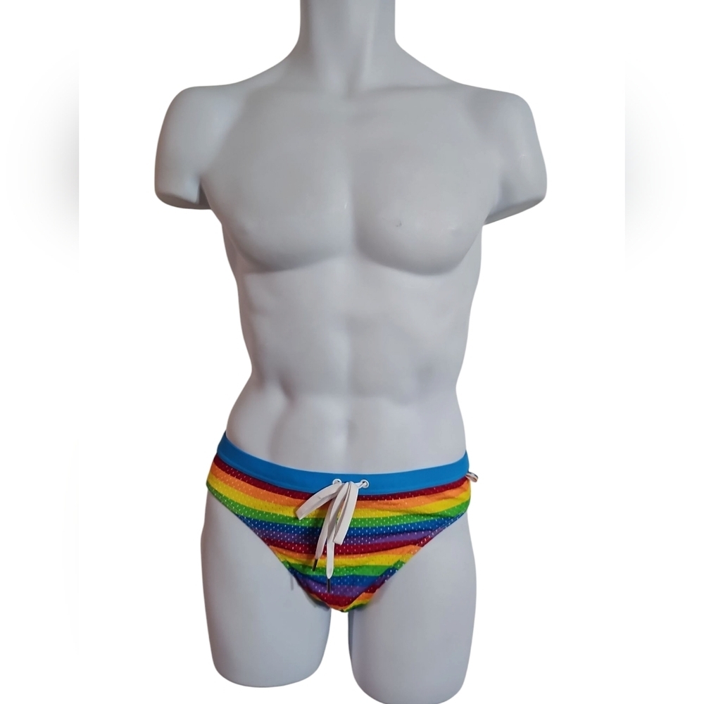 Andrew Christian Mens M Swim Briefs Rainbow Mesh Striped Bikini Designer Pride - Picture 2 of 5